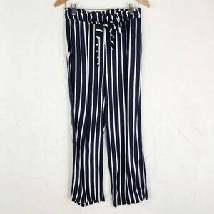 H&M Paperbag Tie Waist Wide Leg Pants Women 8 Navy Blue & White Stripes EUC